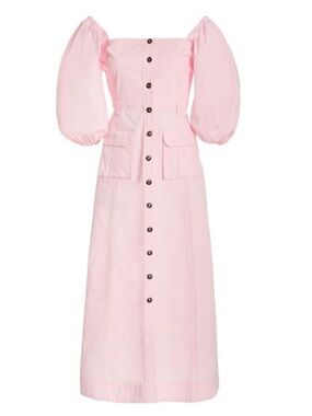 Ganni Pink Puff-Sleeve Button-Front Midi Dress